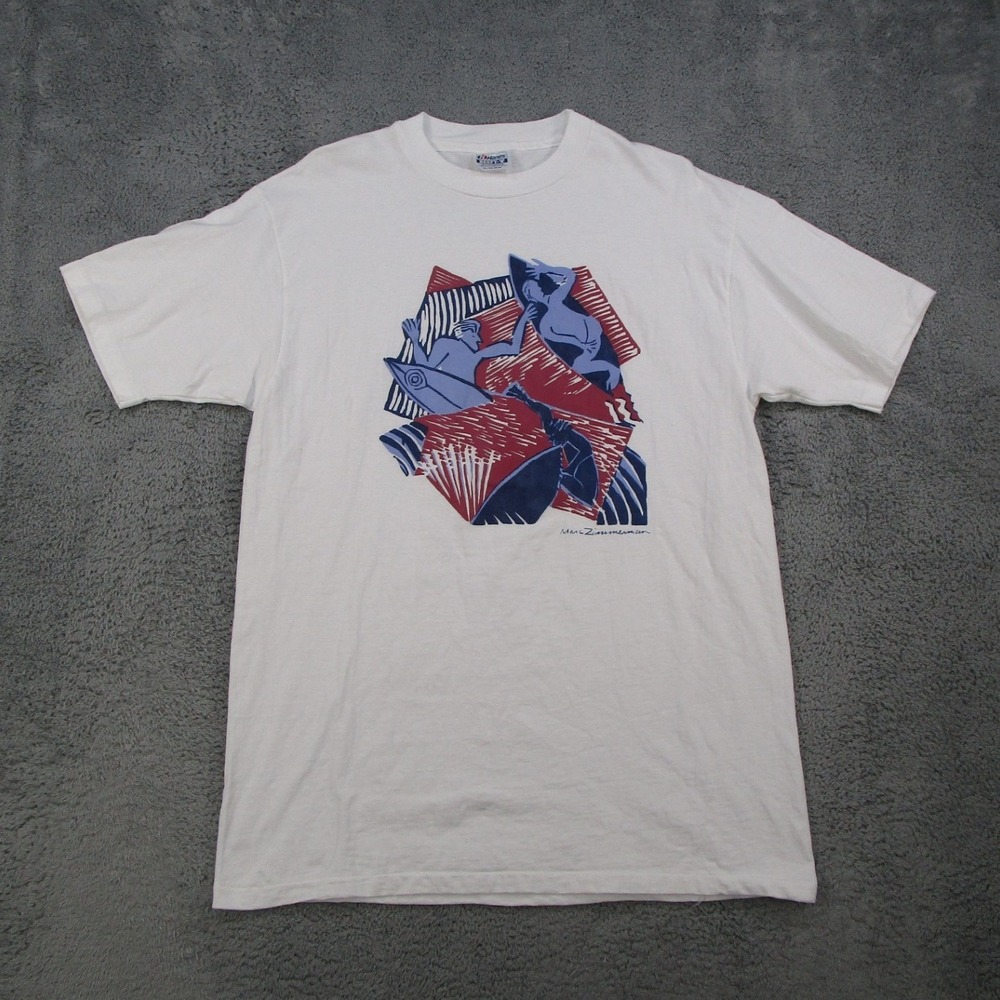 Vintage Hanes Beefy-T Marc Zimmerman Surfing Art T-Shirt Mens XL White USA Made